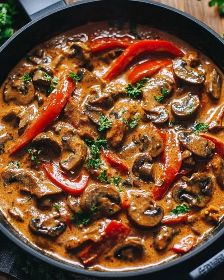 Snelle maaltijd met paprikareepjes en champignons in één pan