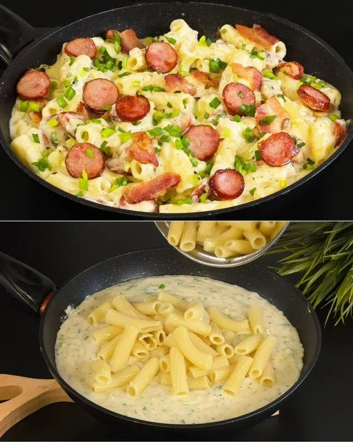 Snelle pasta in romige saus met verse ingrediënten en kruiden.