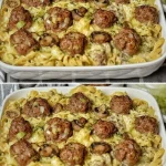 Snelle pasta met champignonsaus en gehaktballetjes op een bord