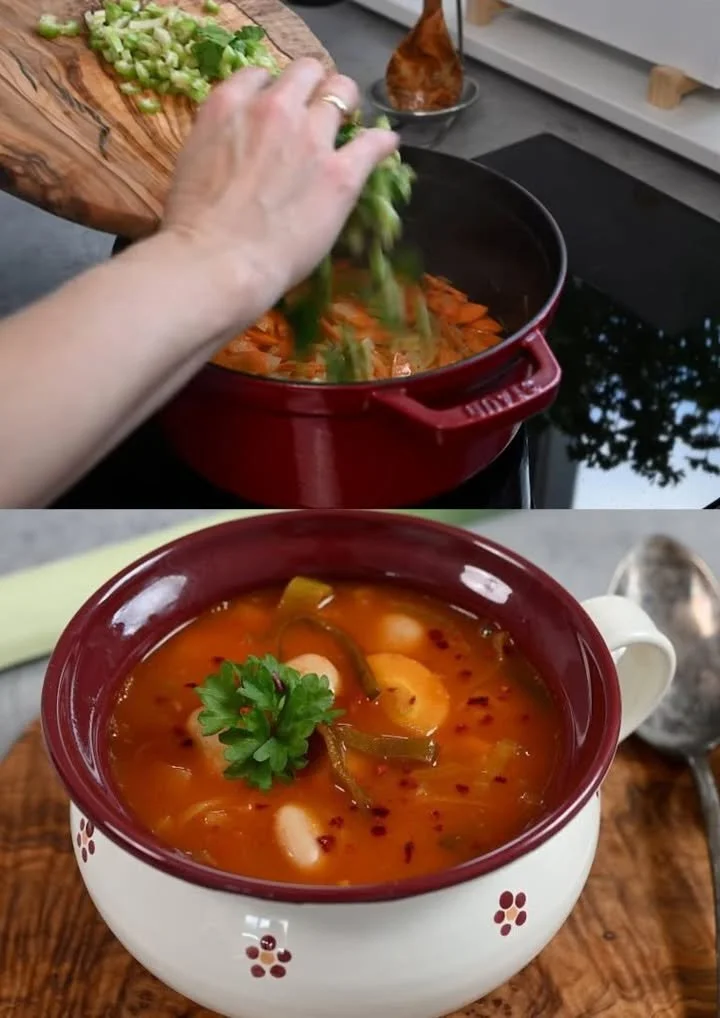 Een kom met gezonde en smakelijke prei en bonensoep