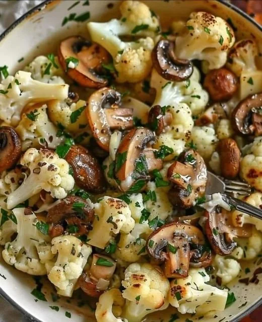 Snelle roerbak bloemkool en champignons in een gezonde maaltijd