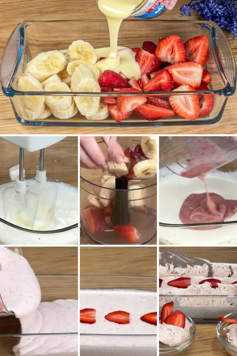 Romig aardbei-banaan dessert met gecondenseerde melk