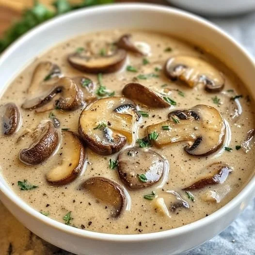 Snelle romige champignonsoep in een kom, heerlijk en eenvoudig recept