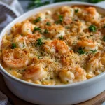 Romige garnalengratin geserveerd met verse kruiden