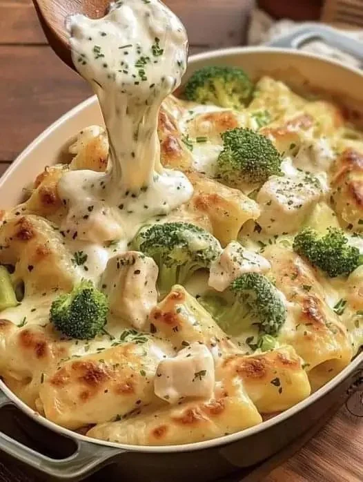 Snelle romige kip-broccoli pastaschotel uit de oven met verse ingrediënten.
