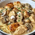Romige kip stroganoff op een bord, ideaal voor een drukke avondmaaltijd.