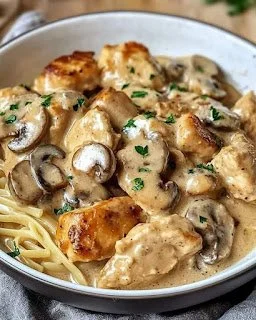 Romige kip stroganoff op een bord, ideaal voor een drukke avondmaaltijd.
