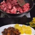 Snelle rundvleesstoofpot met aardappelen en groenten, ideaal voor een snelle maaltijd.