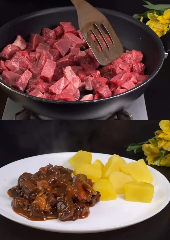 Snelle rundvleesstoofpot met aardappelen en groenten, ideaal voor een snelle maaltijd.