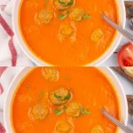 Snelle tomatensoep met gehaktballetjes geserveerd in een kom