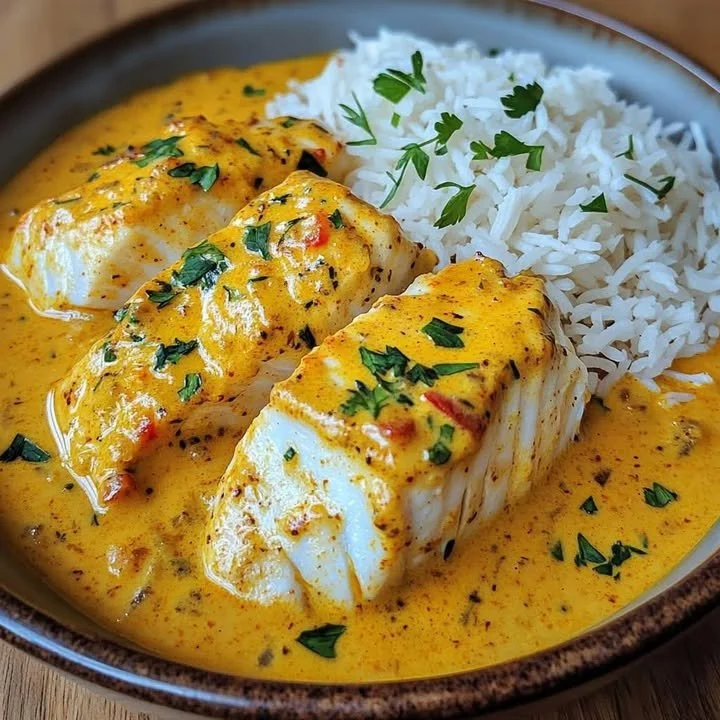 Snelle witte viscurry met gouden kokosmelk op een bord