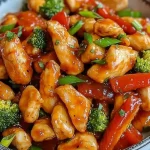 Honing-sriracha kippensoep met knapperige groenten en een zoet-pittige glazuur.