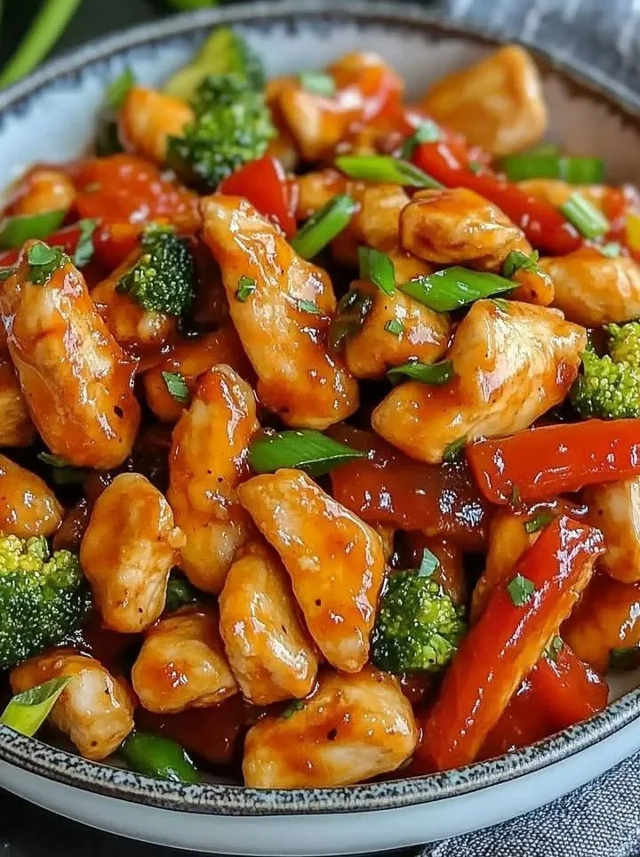Honing-sriracha kippensoep met knapperige groenten en een zoet-pittige glazuur.