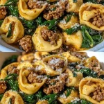 Tortellini met romige saus, rundvlees en spinazie op een bord