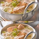 Een smakelijke zalm blanquette geserveerd met verse kruiden en groenten