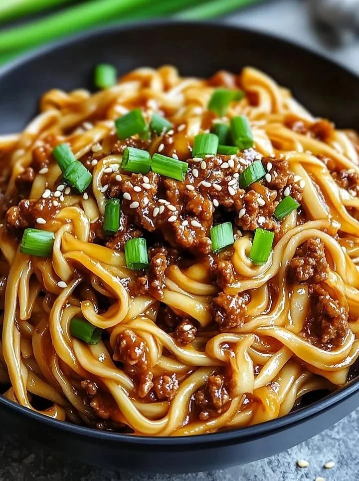 Mongoolse rundvlees linguine met soja-hoisin-glazuur in een stijlvolle presentatie.