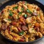 Cajun kip en worst pasta gerecht op een bord