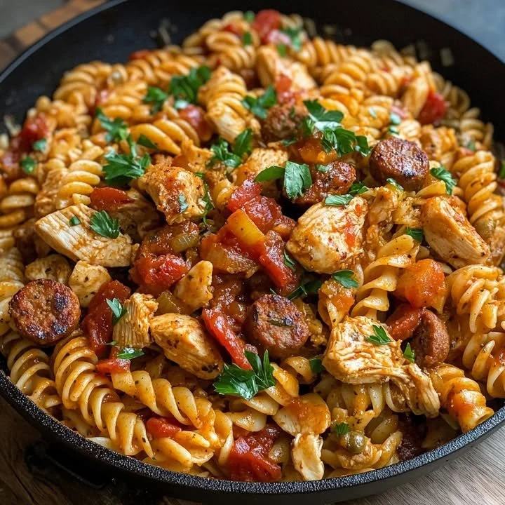 Cajun kip en worst pasta gerecht op een bord