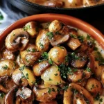 Champignons in knoflookroomsaus op een bord.