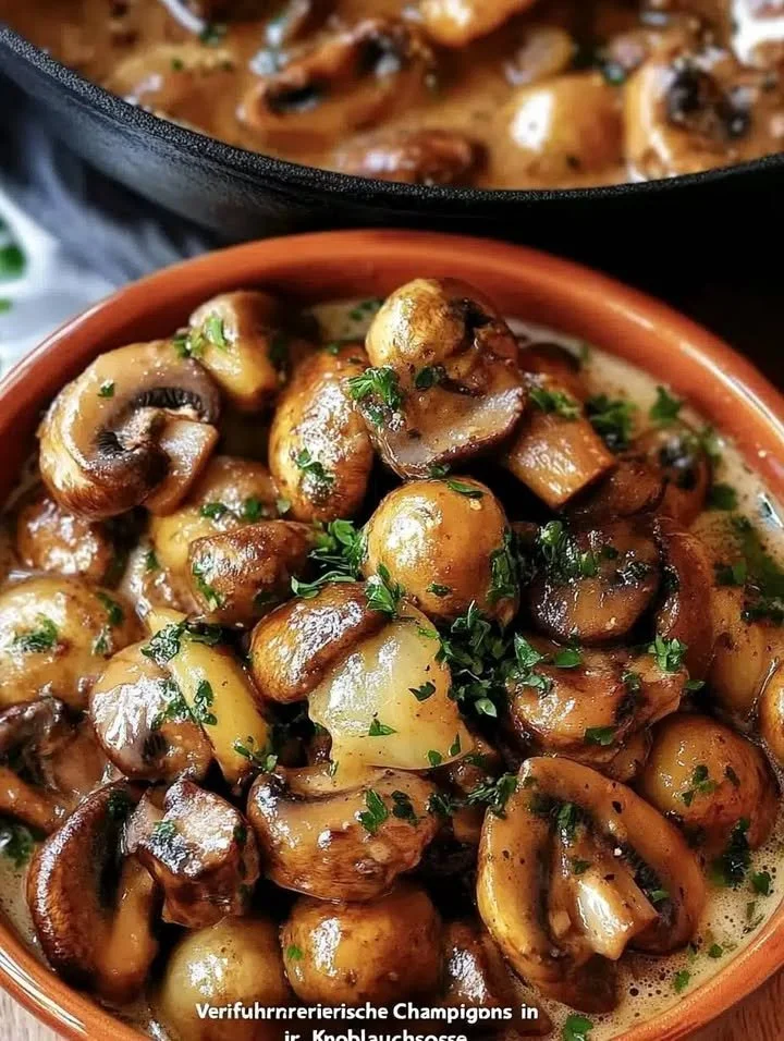 Champignons in knoflookroomsaus op een bord.