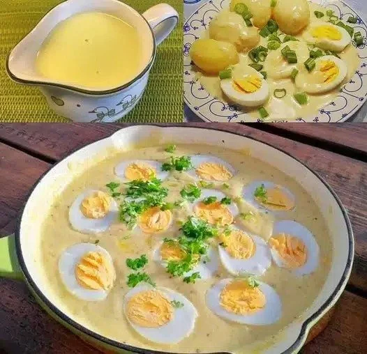 Eieren in mosterdsaus geserveerd met een traditionele Nederlandse garnituur.