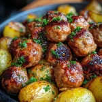 Gouden knoflookboter gehaktballen met krokante aardappeltjes op een bord