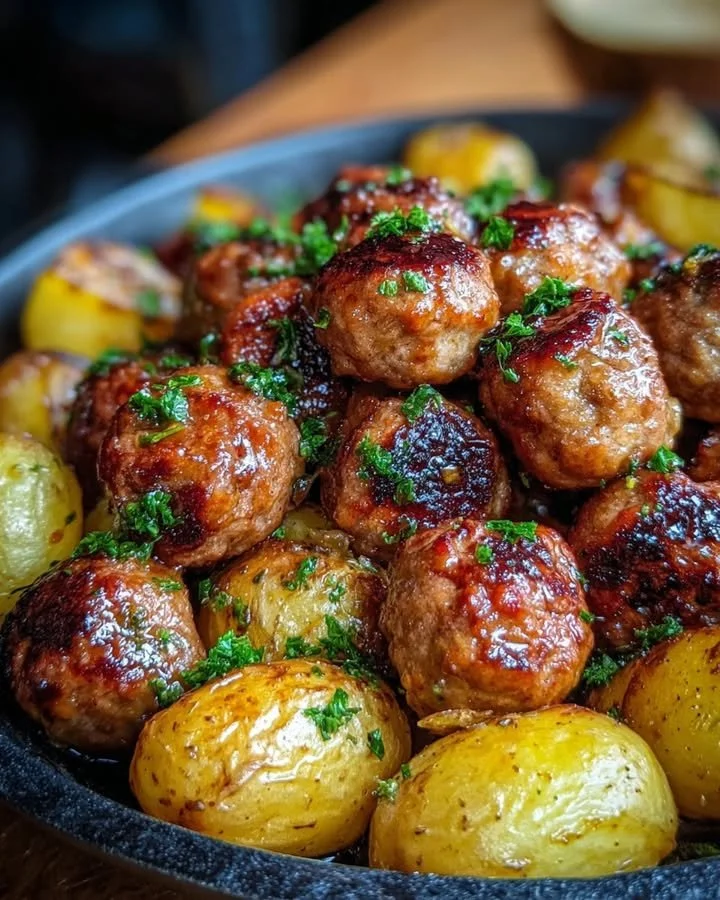 Gouden knoflookboter gehaktballen met krokante aardappeltjes op een bord