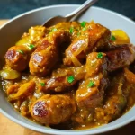 Hartige curryworsten in rijke uienjus geserveerd op een bord