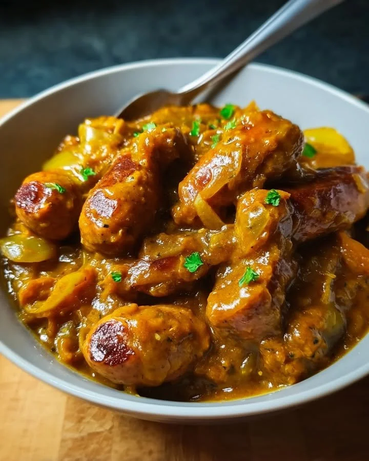 Hartige curryworsten in rijke uienjus geserveerd op een bord
