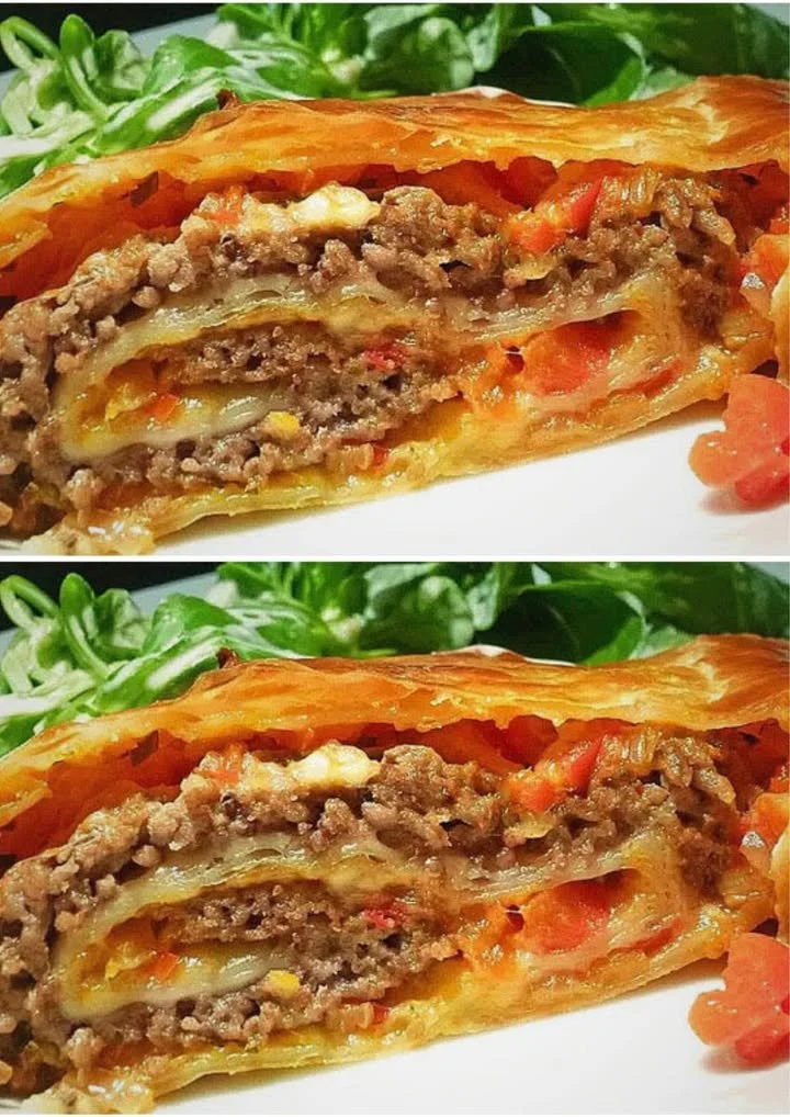 Kaasstrudel gevuld met gehakt en paprika, een smakelijke maaltijdoptie.