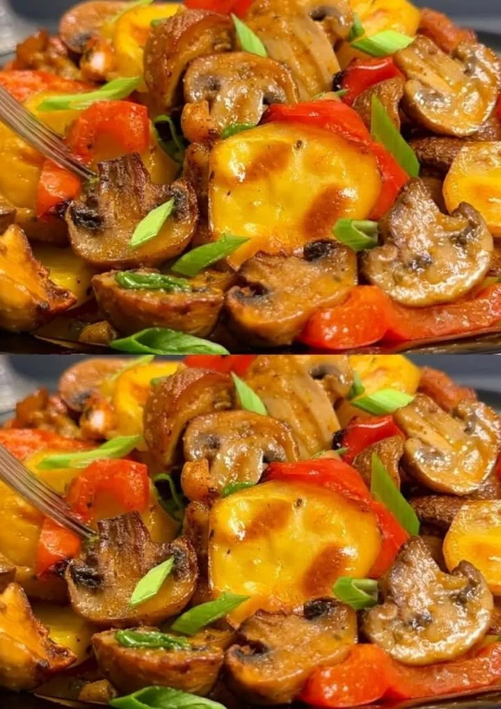 Ovenschotel met kip en kleurrijke groenten, vers uit de oven.