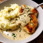 Kip pangebakken met romige Dijon-saus en boterige knoflookaardappelpuree