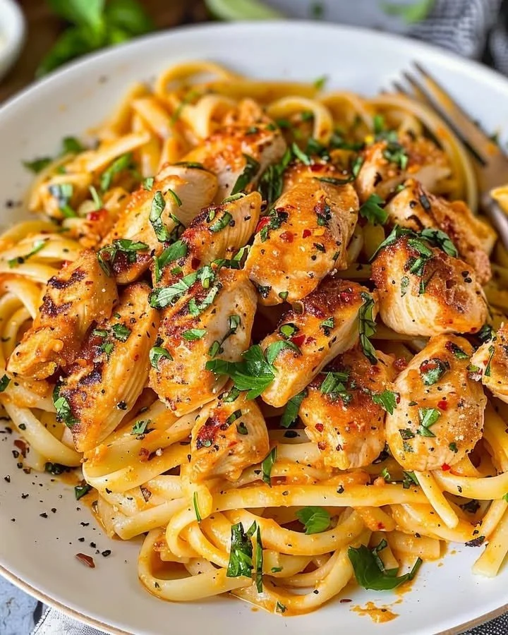 Een smakelijke portie Kippasta met kip en pasta, geserveerd in een kom.
