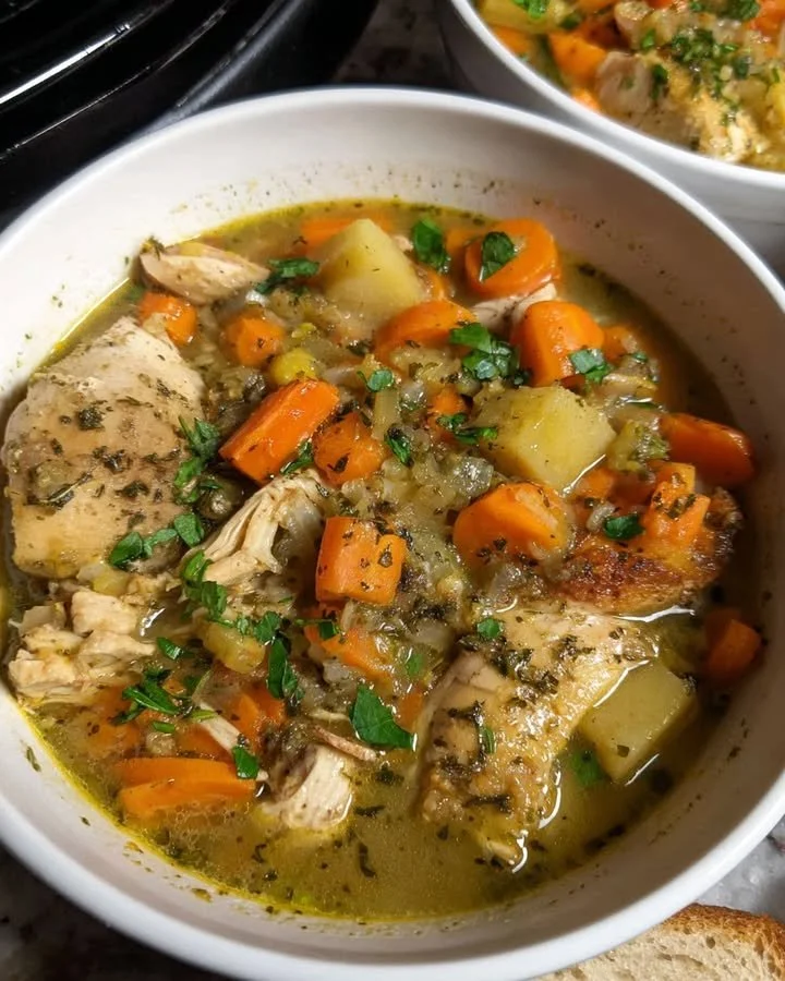 Kipstoofpot uit slowcooker met heerlijke wortelgroenten en kruidenbouillon