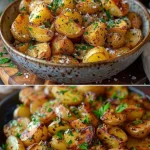 Knapperige knoflook-aardappeltjes als bijgerecht met kruiden en olijfolie.