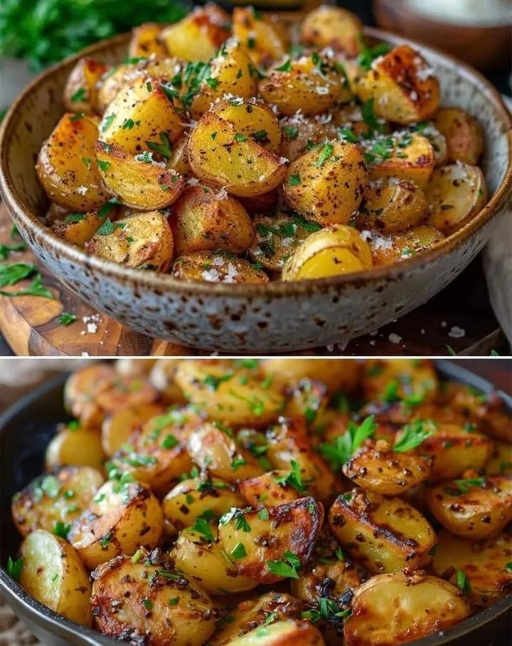 Knapperige knoflook-aardappeltjes als bijgerecht met kruiden en olijfolie.