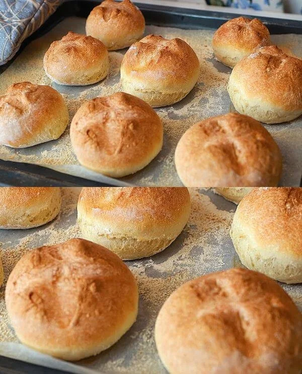 Krokante no-knead-broodjes recept met diverse ingrediënten.