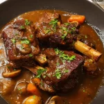 Langzaam gegaarde beef short ribs met champignons en wortels op een bord