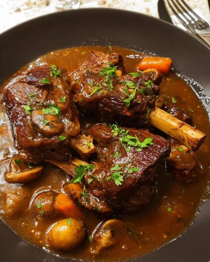 Langzaam gegaarde beef short ribs met champignons en wortels op een bord