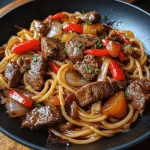 Ossenhaas Linguine met Aziatische saus in een elegante serveerschaal.