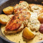 Pannen-gebraden kip met gouden aardappelen en Dijon kruidenroomsaus op een bord