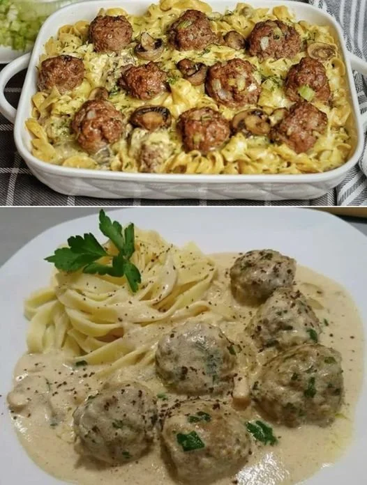 Een bord pasta met champignonsaus en gehaktballetjes, prachtig gepresenteerd.