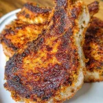 Sappige ovengebakken varkenskoteletten met ranch en Parmezaankorst op een bord.