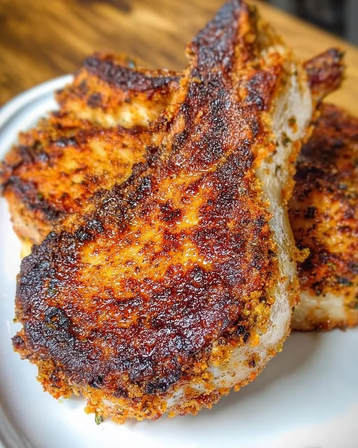 Sappige ovengebakken varkenskoteletten met ranch en Parmezaankorst op een bord.