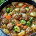 Stoofpotje met spruitjes en gehaktballen op een bord