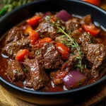 Heerlijke stoofschotel met groenten en vlees, perfect voor een makkelijke maaltijd.