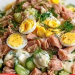 Tonijnsalade met ei en komkommer op een bord