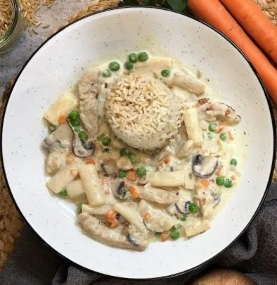 Vegan fricassee met rijst, een heerlijk en gezond gerecht