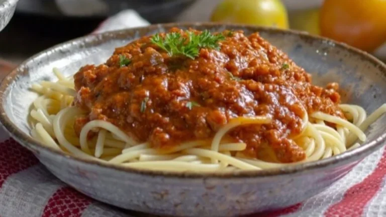 Bord met Vegetarische Bolognese en pasta, kleurrijk en gezond