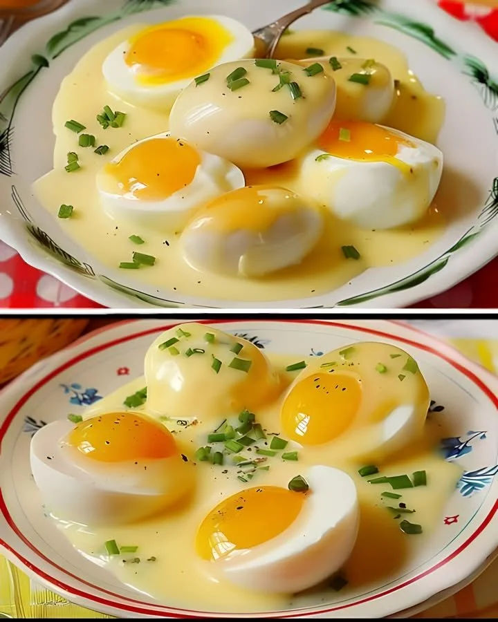 Eieren in mosterdsaus, eenvoudig en smakelijk recept voor een snelle maaltijd.